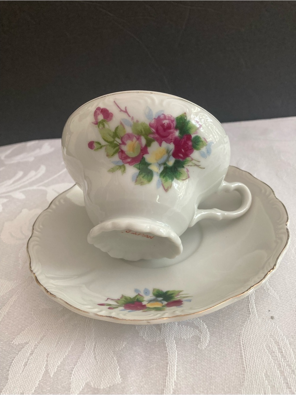 Floral Porcelain Teacup and Saucer Set with Gold  Trim from Japan